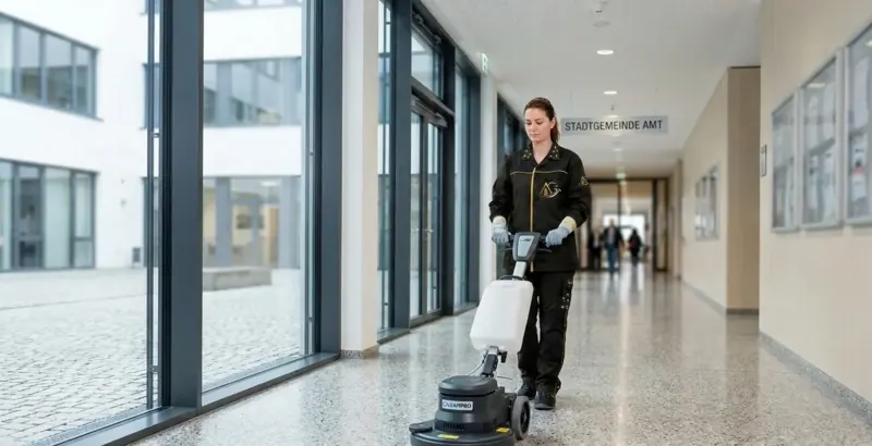 A&G Mitarbeiterin bei der maschinellen Bodenreinigung in einem hellen Flur