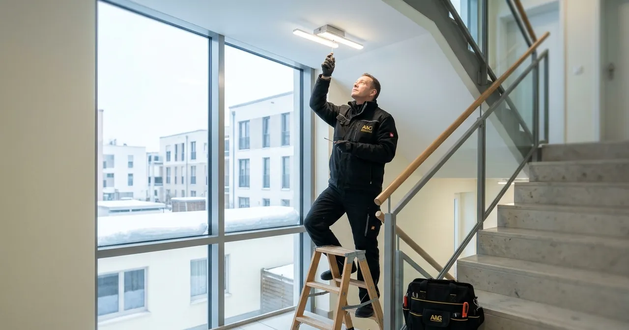 A&G Hausmeister wechselt auf einer Trittleiter die Deckenleuchte in einem hellen Treppenhaus