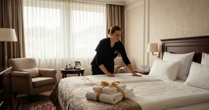 A&G Mitarbeiterin bezieht das Bett in einem eleganten Hotelzimmer für die Anreise der nächsten Gäste