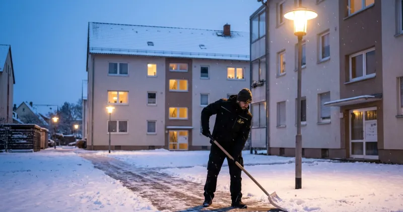 A&G Mitarbeiter räumt in der Morgendämmerung Schnee vom Gehweg vor einer Wohnanlage